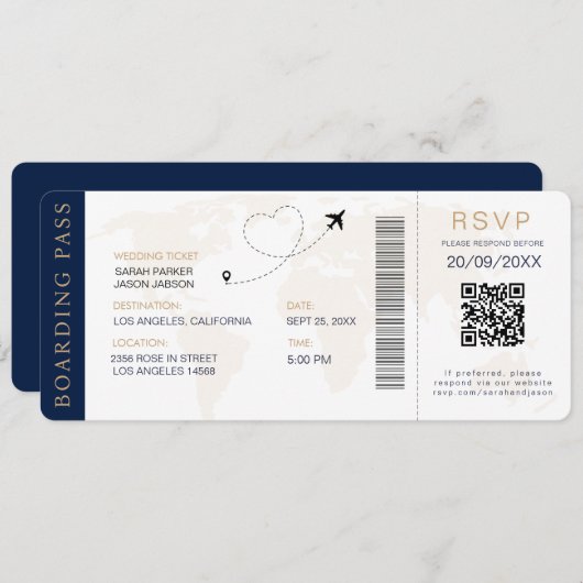 Boarding Pass Destination Wedding QR-code RSVP Kaart (Voorkant / Achterkant)