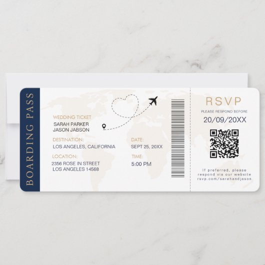 Boarding Pass Destination Wedding QR-code RSVP Kaart (Voorkant)
