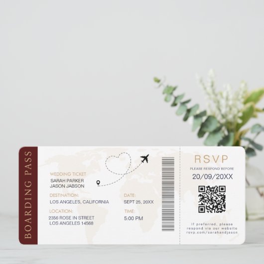 Boarding Pass Destination Wedding QR-code RSVP Kaart (Staand voorkant)