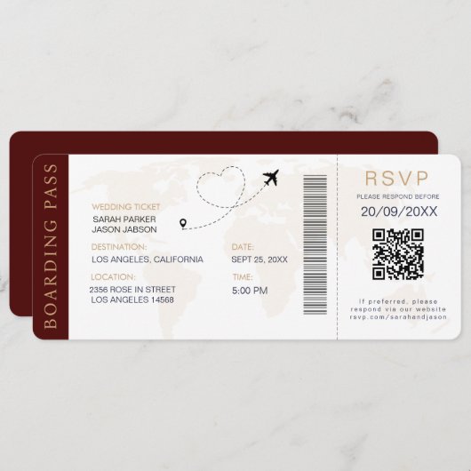 Boarding Pass Destination Wedding QR-code RSVP Kaart (Voorkant / Achterkant)