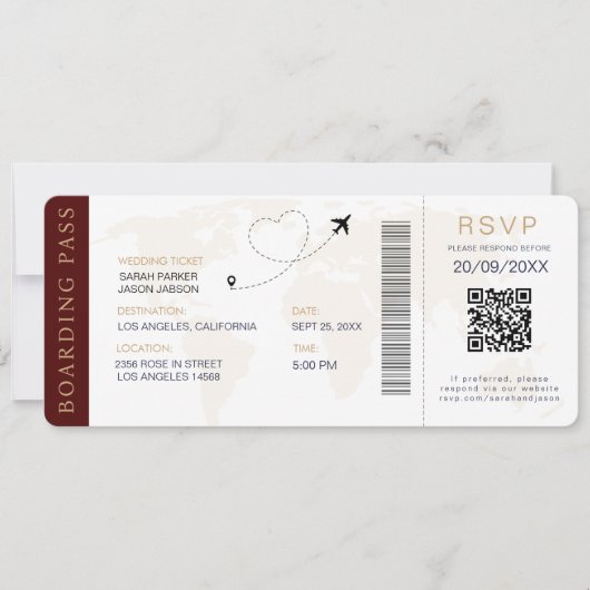 Boarding Pass Destination Wedding QR-code RSVP Kaart (Voorkant)