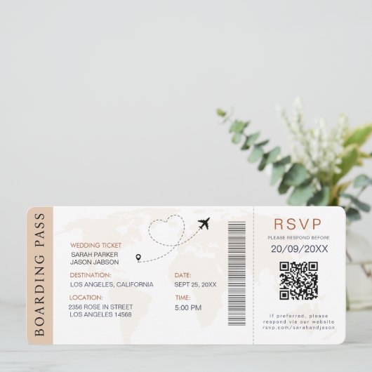 Boarding Pass Destination Wedding QR-code RSVP Kaart (Staand voorkant)
