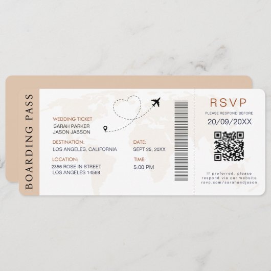 Boarding Pass Destination Wedding QR-code RSVP Kaart (Voorkant / Achterkant)