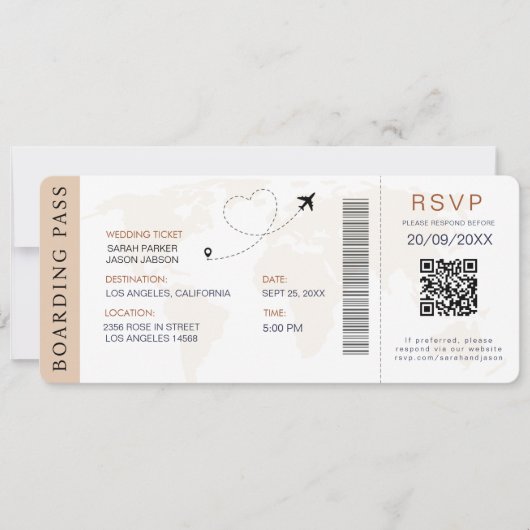 Boarding Pass Destination Wedding QR-code RSVP Kaart (Voorkant)