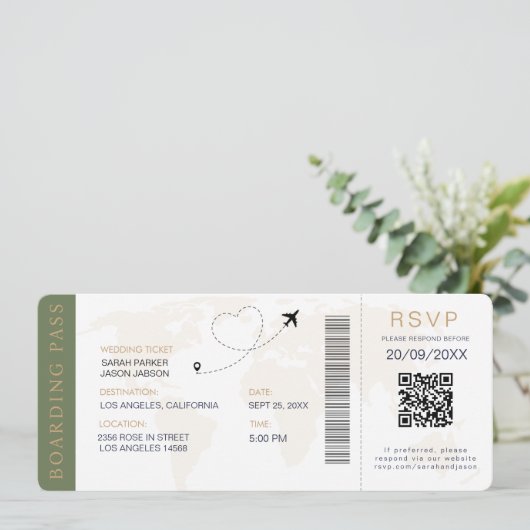 Boarding Pass Destination Wedding QR-code RSVP Kaart (Staand voorkant)