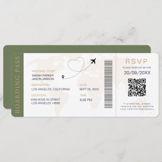 Boarding Pass Destination Wedding QR-code RSVP Kaart (Voorkant / Achterkant)