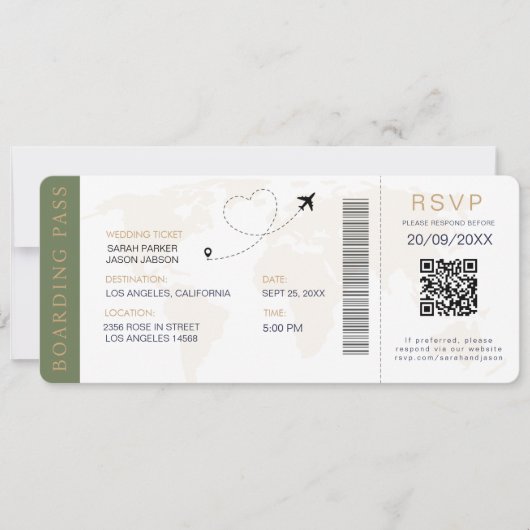 Boarding Pass Destination Wedding QR-code RSVP Kaart (Voorkant)