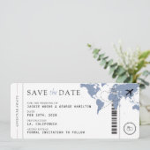 Boarding Pass Dusty Blue 3 foto's Huwelijk Save The Date (Staand voorkant)