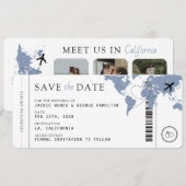 Boarding Pass Dusty Blue 3 foto's Huwelijk Save The Date (Voorkant / Achterkant)