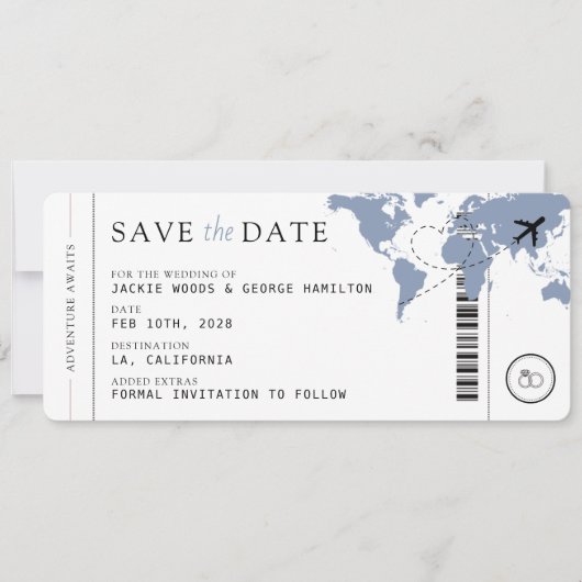 Boarding Pass Dusty Blue 3 foto's Huwelijk Save The Date (Voorkant)