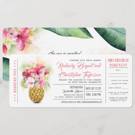 Boarding Pass Floral Pineapple Trouwtickets Kaart (Voorkant / Achterkant)