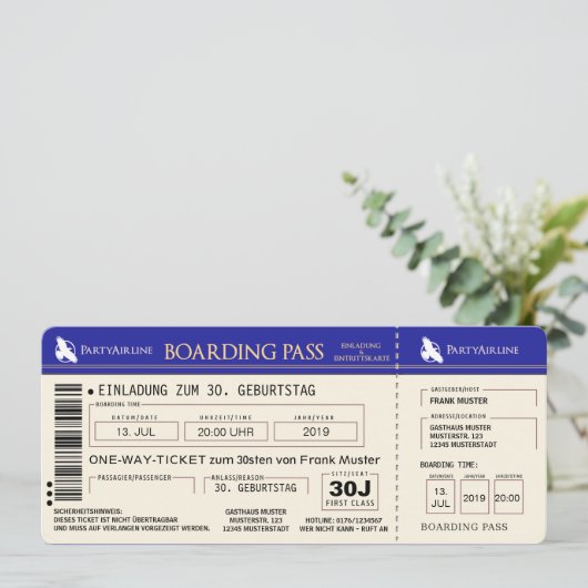 BOARDING PASS Flugticket Einladungskarte (blau) Kaart (Staand voorkant)