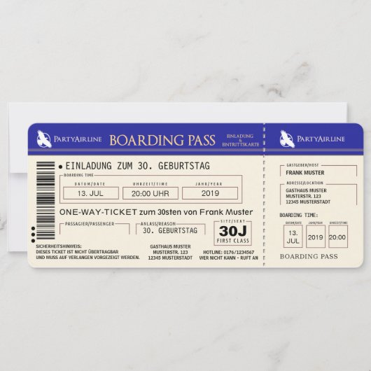 BOARDING PASS Flugticket Einladungskarte (blau) Kaart (Voorkant)