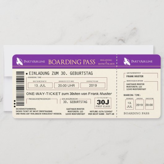 BOARDING PASS Flugticket Einladungskarte (lila) Kaart (Voorkant)