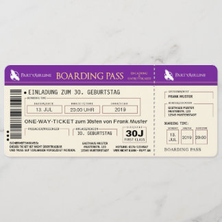 BOARDING PASS Flugticket Einladungskarte (lila) Kaart