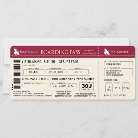 BOARDING PASS Flugticket Einladungskarte (rot) Kaart (Voorkant)