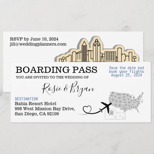 Boarding Pass for a bruiloft in San Diego, Verenig Kaart (Voorkant / Achterkant)