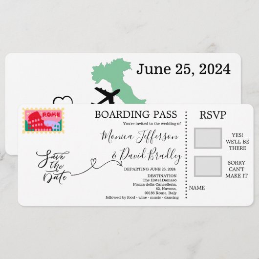 Boarding Pass for bruiloft in Rome, Italië Kaart (Voorkant / Achterkant)