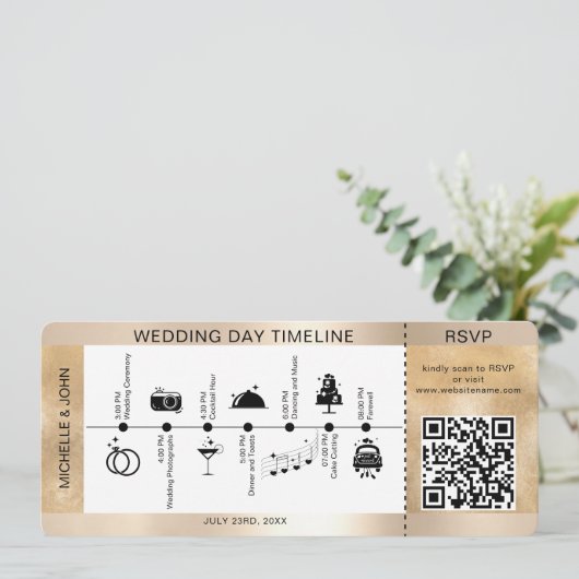 Boarding Pass Geïllustreerde Trouwtijdlijn RSVP Kaart (Staand voorkant)