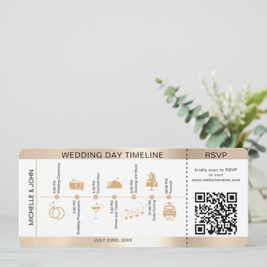 Boarding Pass Geïllustreerde Trouwtijdlijn RSVP Kaart (Staand voorkant)