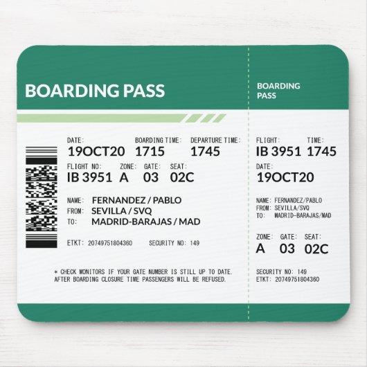 Boarding Pass - Groen Muismat (Voorkant)