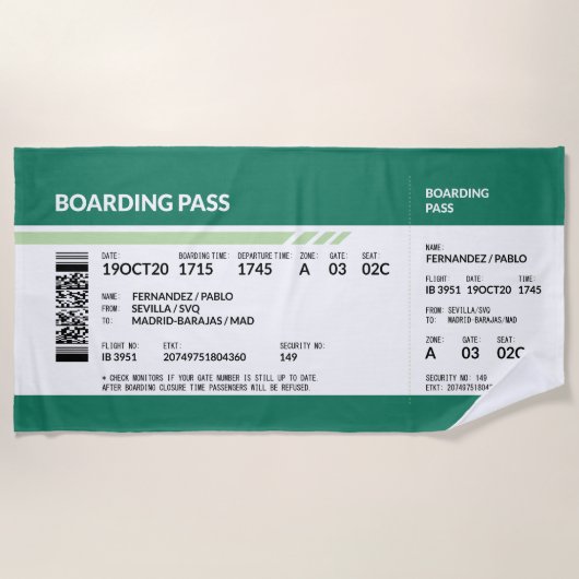 Boarding Pass - Groen Strandlaken (Voorkant)