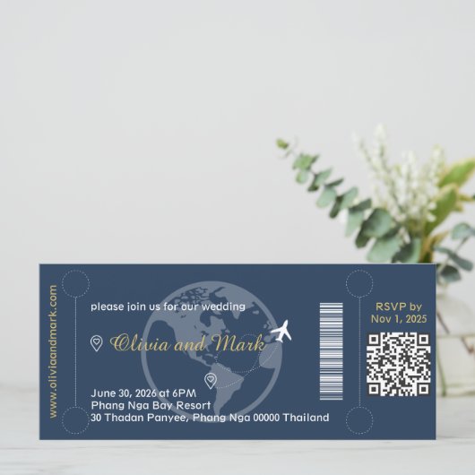 Boarding Pass huwelijksuitnodiging - Navy & Gold (Staand voorkant)