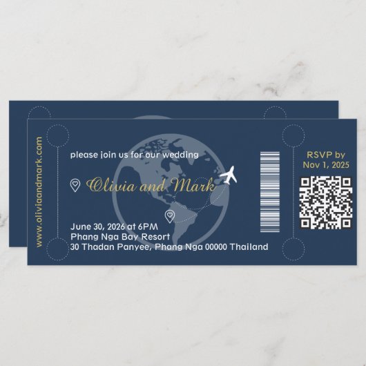 Boarding Pass huwelijksuitnodiging - Navy & Gold (Voorkant / Achterkant)
