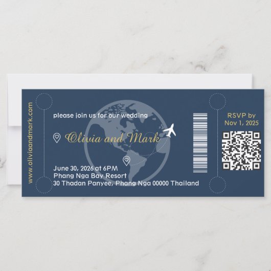 Boarding Pass huwelijksuitnodiging - Navy & Gold (Voorkant)