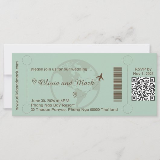 Boarding Pass huwelijksuitnodiging - Sage & Beige Kaart (Voorkant)