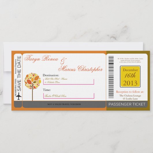 Boarding Pass Linen Wedding Invitation Autumn Kaart (Voorkant)