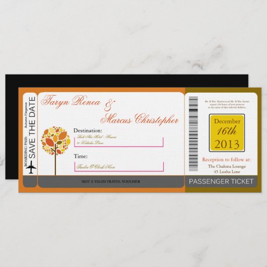 Boarding Pass Linen Wedding Invitation Autumn Kaart (Voorkant / Achterkant)