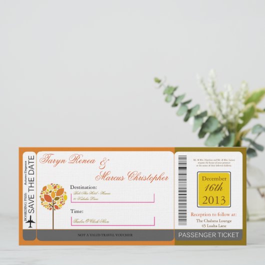 Boarding Pass Linen Wedding Invitation Autumn Kaart (Staand voorkant)