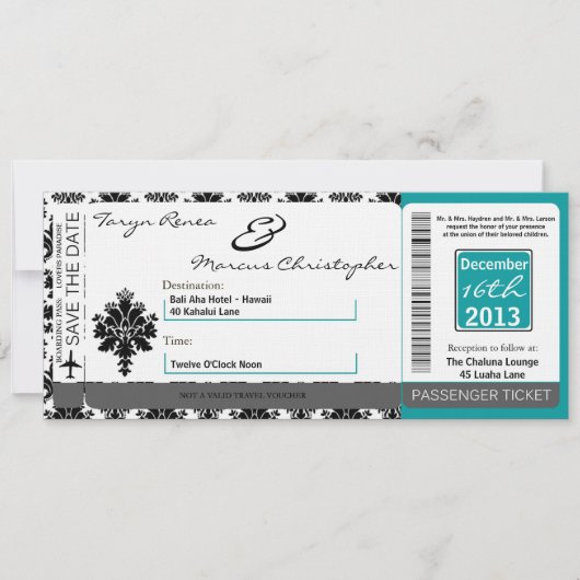 Boarding Pass Linen Wedding Invitation Black Blauw Kaart (Voorkant)