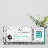 Boarding Pass Linen Wedding Invitation Black Blauw Kaart (Staand voorkant)