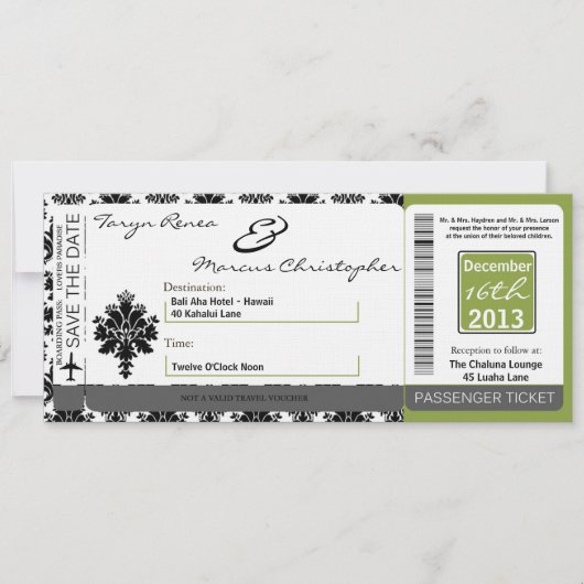 Boarding Pass Linen Wedding Invitation Black Green Kaart (Voorkant)