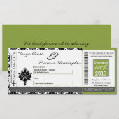 Boarding Pass Linen Wedding Invitation Black Green Kaart (Voorkant / Achterkant)