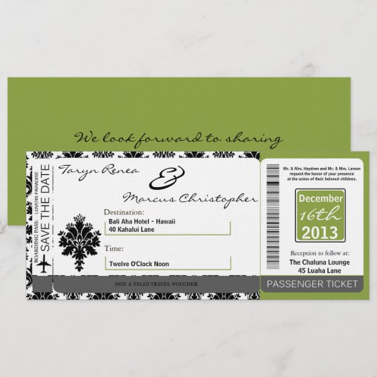 Boarding Pass Linen Wedding Invitation Black Green Kaart (Voorkant / Achterkant)