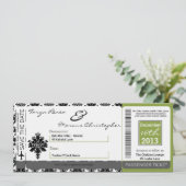 Boarding Pass Linen Wedding Invitation Black Green Kaart (Staand voorkant)