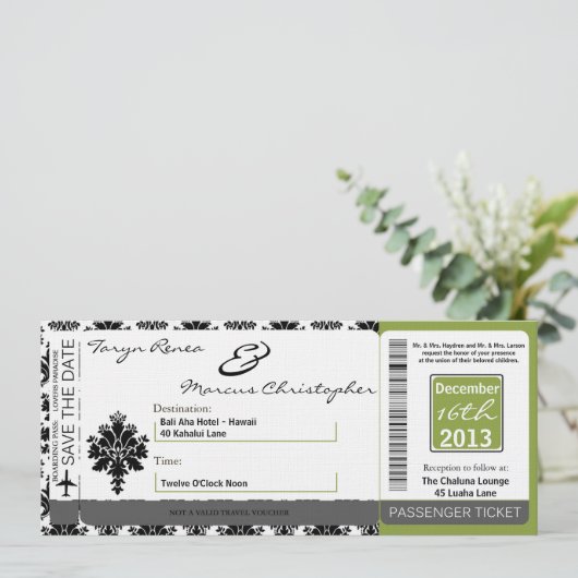 Boarding Pass Linen Wedding Invitation Black Green Kaart (Staand voorkant)