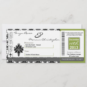 Boarding Pass Linen Wedding Invitation Black Green Kaart