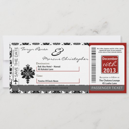 Boarding Pass Linen Wedding Invitation Black Red Kaart (Voorkant)