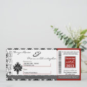 Boarding Pass Linen Wedding Invitation Black Red Kaart (Staand voorkant)