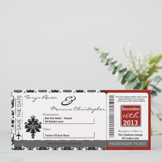 Boarding Pass Linen Wedding Invitation Black Red Kaart (Staand voorkant)