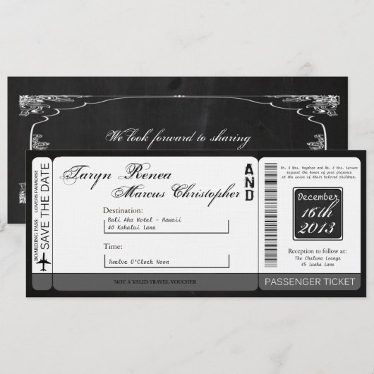 Boarding Pass Linen Wedding Invitation Chalkboard Kaart (Voorkant / Achterkant)