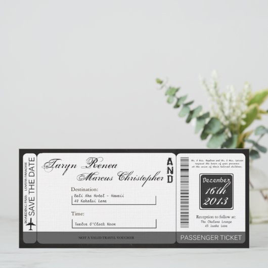 Boarding Pass Linen Wedding Invitation Chalkboard Kaart (Staand voorkant)