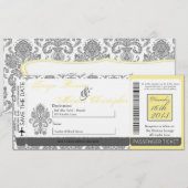 Boarding Pass Linen Wedding Invitation Damask Gray Kaart (Voorkant / Achterkant)