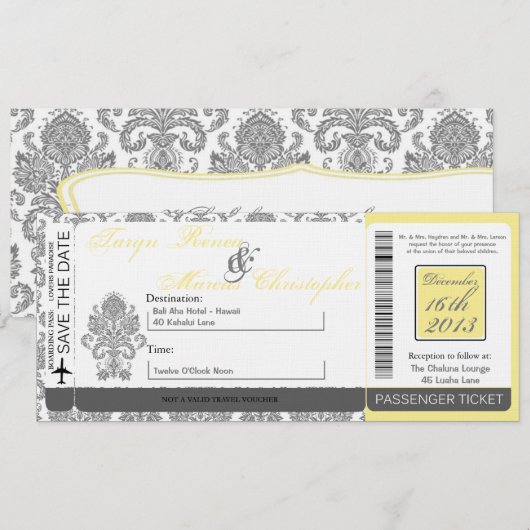 Boarding Pass Linen Wedding Invitation Damask Gray Kaart (Voorkant / Achterkant)