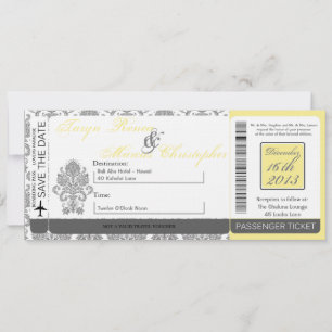Boarding Pass Linen Wedding Invitation Damask Gray Kaart