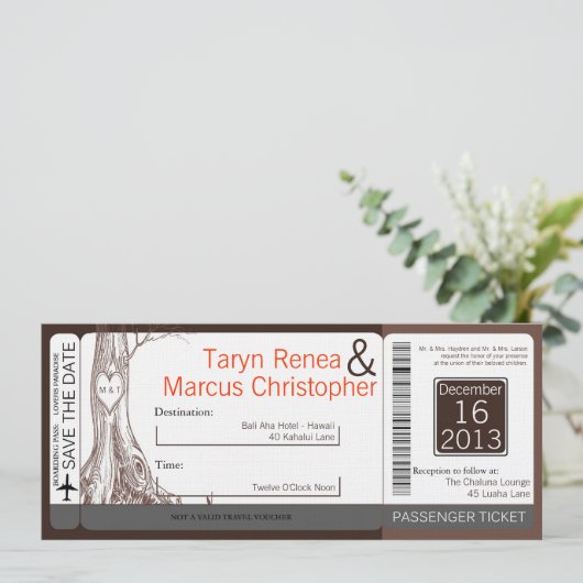 Boarding Pass Linen Wedding Invitation Herfst Tree Kaart (Staand voorkant)